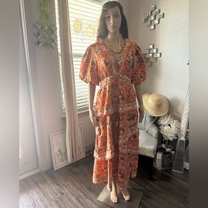 Floral Orange Tiered Maxi Dress Size Large